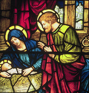 Nativity window Mary Joseph Jesus close-up by Powell